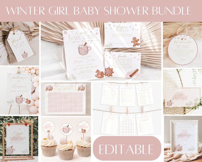 May include: A printable baby shower bundle with a winter theme. The bundle includes a welcome sign, a hot chocolate bar sign, a diaper raffle sign, a book for baby sign, a thank you sign, a hot chocolate bomb sign, a caption sign, a baby shower game, a baby shower invitation, and cupcake toppers. The bundle is editable.