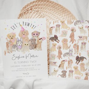 K&ouml;nnte beinhalten: Eine rosafarbene und wei&szlig;e Geburtstagseinladung mit einer Aquarell-Illustration von Hunden, die Partyh&uuml;te und Sonnenbrillen tragen. Der Text lautet "Let's Pawty!" und "Sophia Marie wird zwei!" mit Details zum Datum, der Uhrzeit und dem Ort der Party.