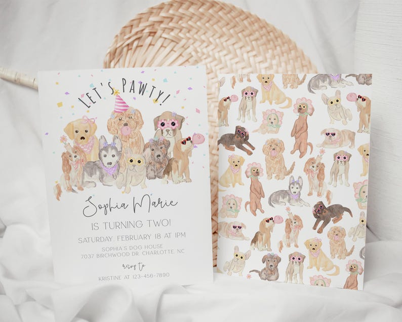K&ouml;nnte beinhalten: Eine rosafarbene und wei&szlig;e Geburtstagseinladung mit einer Aquarell-Illustration von Hunden, die Partyh&uuml;te und Sonnenbrillen tragen. Der Text lautet "Let's Pawty!" und "Sophia Marie wird zwei!" mit Details zum Datum, der Uhrzeit und dem Ort der Party.
