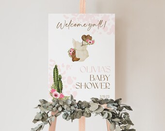 Edytowalny plakat powitalny z motywem kowbojki na baby shower, różowy, kwiatowy, western (do pobrania natychmiast) CLP21