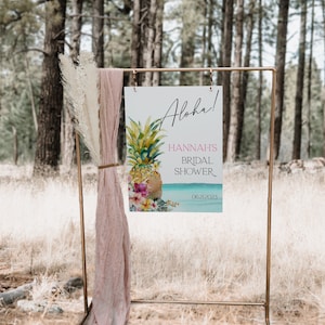 Luau Bridal Shower Welcome Sign, Tropical Hawaiian Pineapple Wedding Shower Welcome Poster, Pink Hibiscus, Bridal Luau Decoration, CLP66