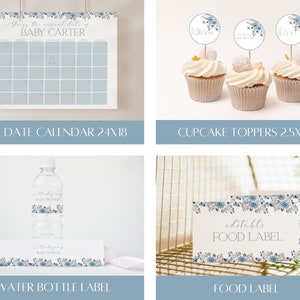 K&ouml;nnte beinhalten: Ein Set druckbarer Babyparty-Dekorationen mit einem blauen und wei&szlig;en Blumenmuster. Das Set enth&auml;lt einen Geburtstermin-Kalender, Cupcake-Topper, Wasserflaschenetiketten und Lebensmitteletiketten. Der Text auf dem Kalender lautet "Erraten Sie das Ankunftsdatum von Baby Carter". Die Cupcake-Topper sagen "Es ist ein Junge!" und "Babyparty". Die Wasserflaschenetiketten und Lebensmitteletiketten sagen "Madisons Babyparty".