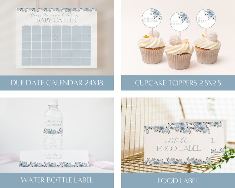 K&ouml;nnte beinhalten: Ein Set druckbarer Babyparty-Dekorationen mit einem blauen und wei&szlig;en Blumenmuster. Das Set enth&auml;lt einen Geburtstermin-Kalender, Cupcake-Topper, Wasserflaschenetiketten und Lebensmitteletiketten. Der Text auf dem Kalender lautet "Erraten Sie das Ankunftsdatum von Baby Carter". Die Cupcake-Topper sagen "Es ist ein Junge!" und "Babyparty". Die Wasserflaschenetiketten und Lebensmitteletiketten sagen "Madisons Babyparty".