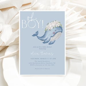 Editable Whale Baby Shower Invitation, Printable Blue Whale Baby Shower Invite, Boy Ocean Baby Shower Invite, Oh Boy Invitation, BBS27