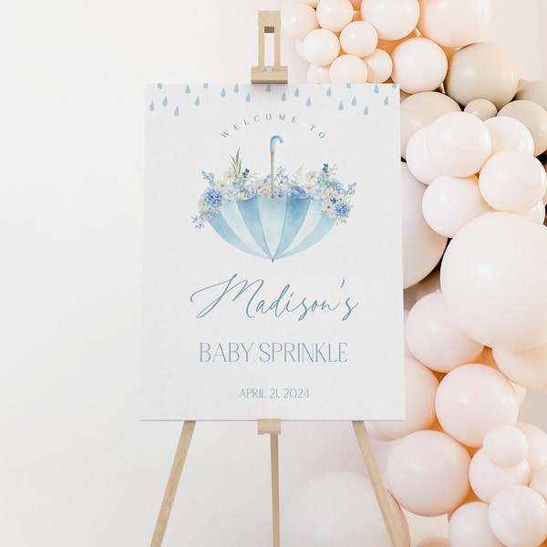 Editable April Showers Baby Shower Welcome Sign, Blue Spring May Flowers Baby Shower Welcome Poster, Boy Floral Baby Sprinkle Decor, BBS34