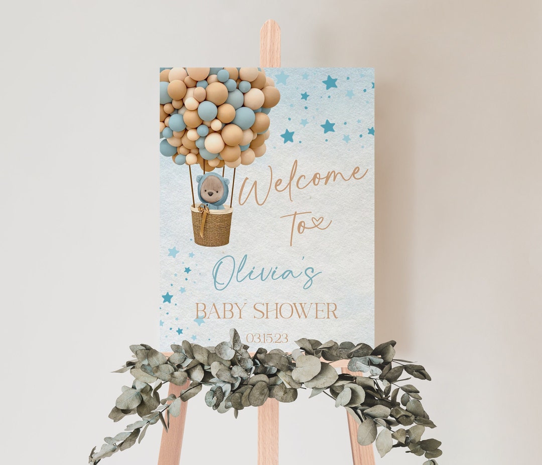 Editable Teddy Bear Hot Air Balloon Welcome Sign, Boy Bear Baby Shower ...
