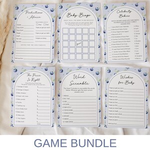May include: A set of printable baby shower game cards with a blue and white blueberry theme. The cards include games like "Predictions & Advice", "Baby Bingo", "Celebrity Babies", "The Price is Right", "Word Scramble", and "Wishes for Baby".