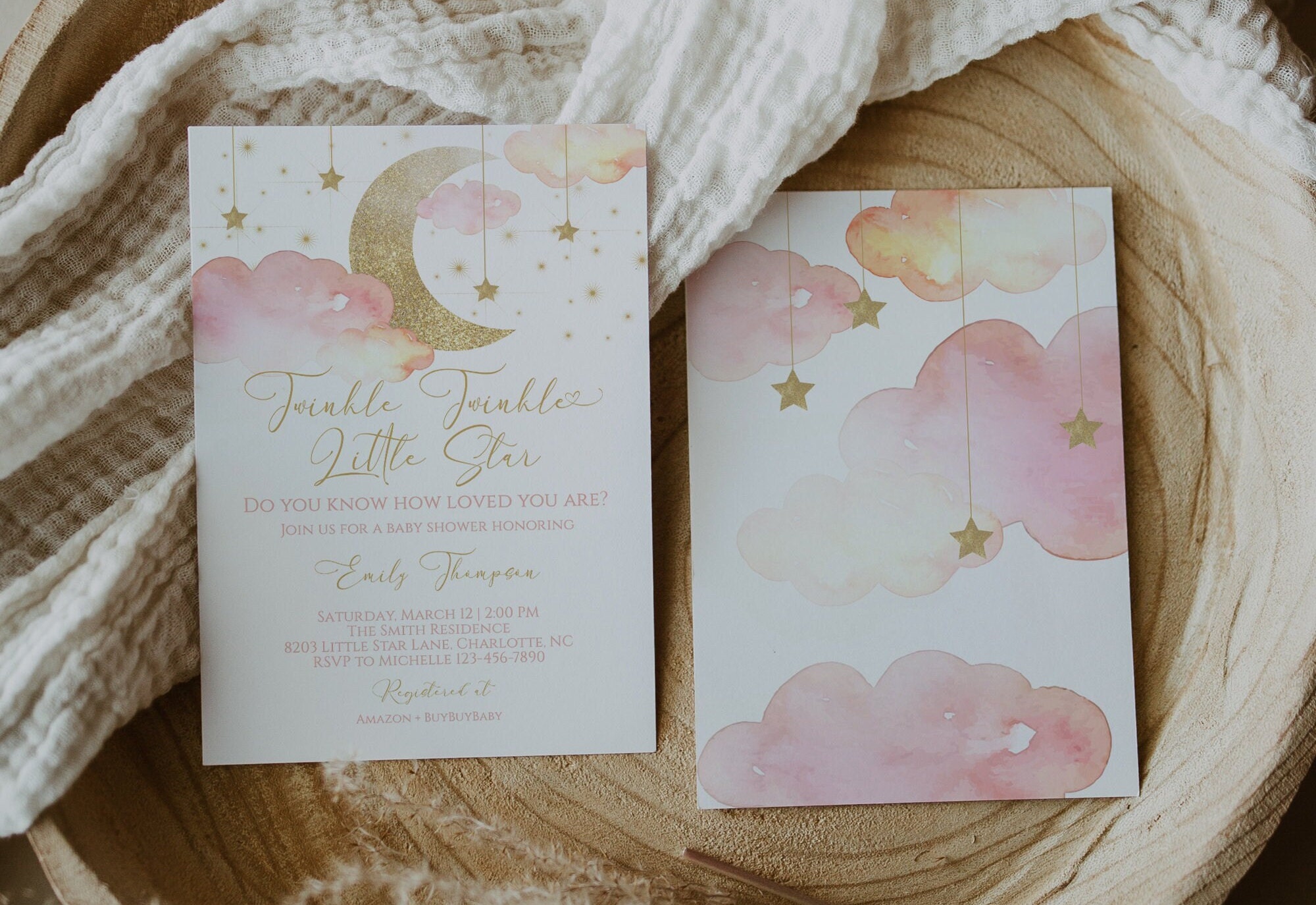 Editable Twinkle Twinkle Little Star Baby Shower Invitation Pink Girl Baby Shower Gold Moon Stars Invite Instant Download