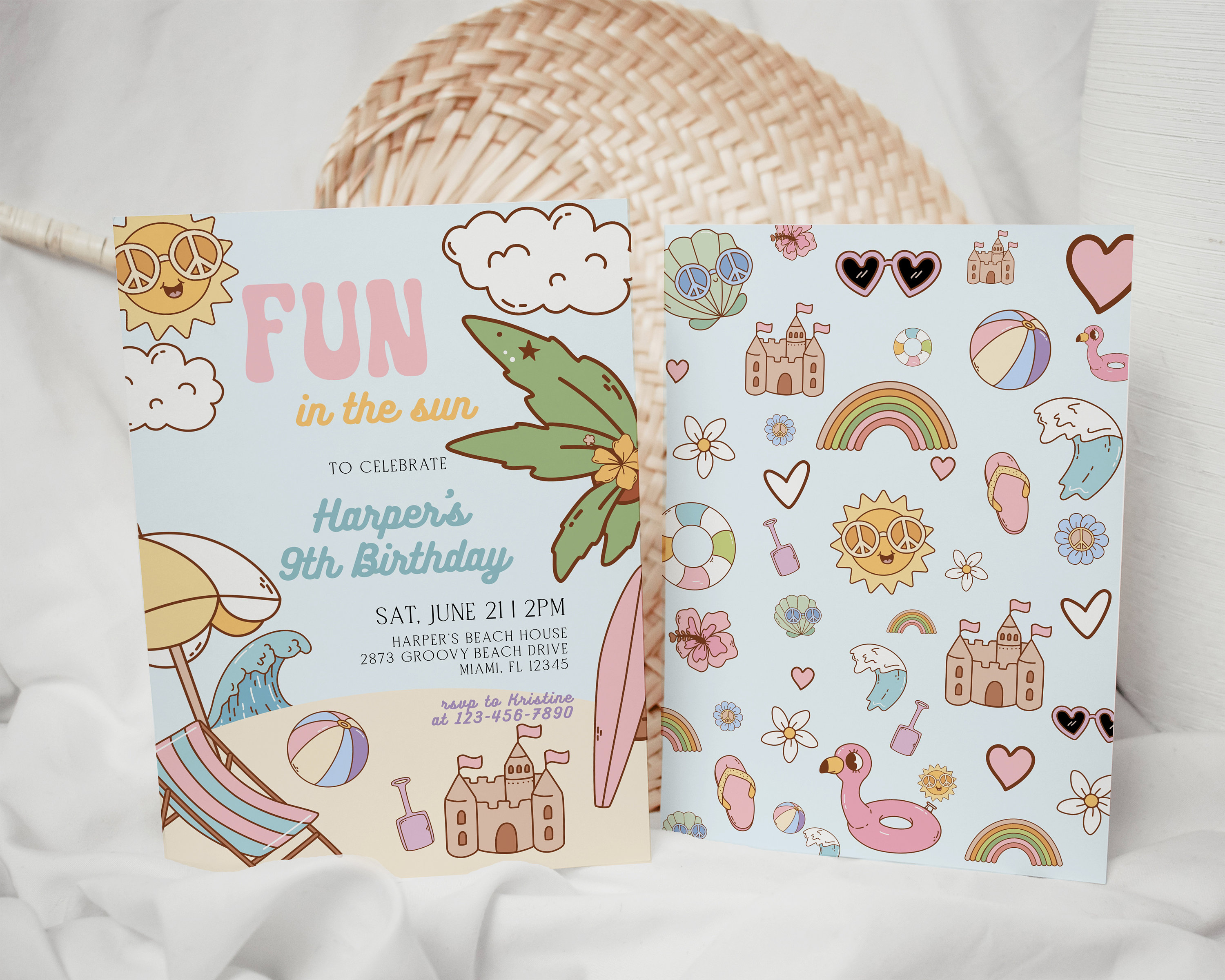 Retro Beach Birthday Party Invitation, Groovy Pool Party (5x7