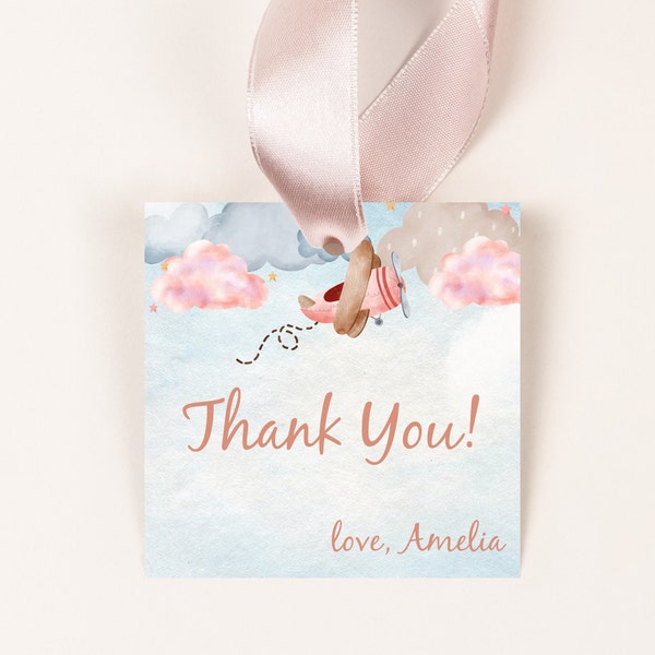 Editable Airplane Party Favor Tag, Pink Vintage Airplane Party Thank You Tag, Girl How Fast Time Flies, Instant Download, CLP16