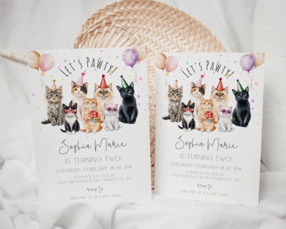 Cat Birthday Invite, Editable Corjl Template | 5X7 Printable | Black Kitty Party, JPEG PDF CLP245