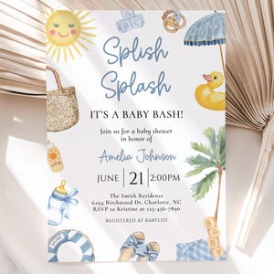 Editable Splish Splash Baby Shower Invitation, Blue Pool Summer Boy Baby Shower Invite, Tropical Summer Beach Surf Invite, BBS180