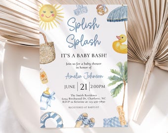 Editable Splish Splash Baby Shower Invitation, Blue Pool Summer Boy Baby Shower Invite, Tropical Summer Beach Surf Invite, BBS180