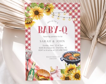 Bearbeitbare Baby-Q-Babypartyeinladung, Unisex-Gartenpaar-Babybestreuung, Grillparty-Einladungsvorlage, karierte rote digitale Einladung, BBS177