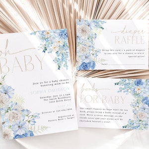 Dusty Blue Floral Baby Shower Invitation Bundle, Oh Baby Blue and White Flower Invite Set, Diaper Raffle, Books for Baby, CLP96