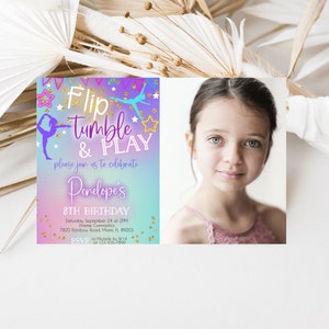 Gymnastics Picture Birthday Invitation, Flip Tumble & Play Invitation, Girls Jump, Girls Gymnastics Invite, Instant Download, Editable