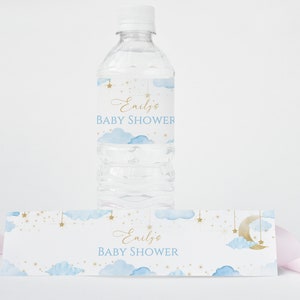 Editable Twinkle Twinkle Little Star Baby Shower Water Bottle Label, Blue Boy Baby Shower, Gold Moon Stars Decor, Instant Download, CLP41