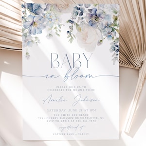 Baby in Bloom Baby Shower Invitation, Dusty Blue Watercolor Floral Baby Shower Invite, Boy Baby Shower Invitation, CLP67