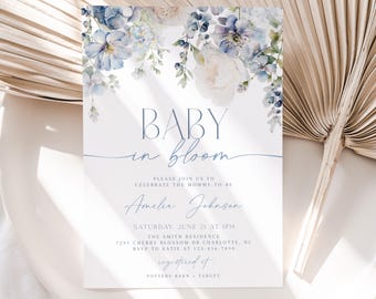 Baby in Bloom Baby Shower Invitation, Dusty Blue Watercolor Floral Baby Shower Invite, Boy Baby Shower Invitation, CLP67