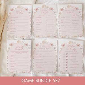 May include: A set of 5 baby shower game cards with floral designs. The games include "Wishes for Baby", "The Price is Right", "Predictions & Advice", "Word Scramble", and "Mommy or Daddy".