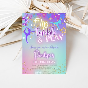 Gymnastics Birthday Invitation, Flip Tumble & Play Invitation, Girls Jump Invitation, Girls Gymnastics Invite, Instant Download, Editable