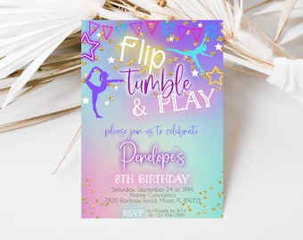 Gymnastics Birthday Invitation, Flip Tumble & Play Invitation, Girls Jump Invitation, Girls Gymnastics Invite, Instant Download, Editable