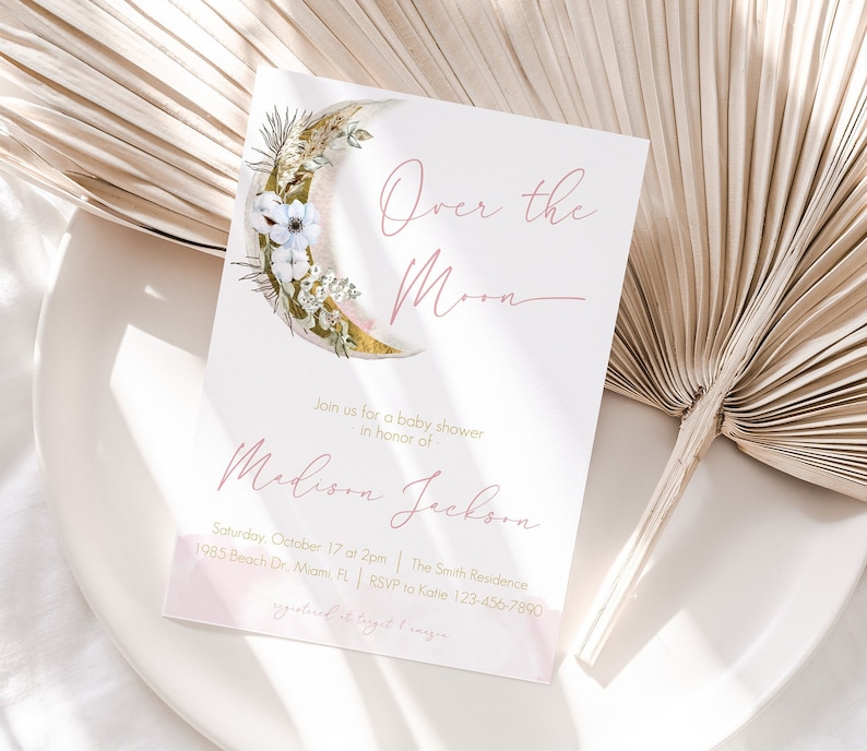 Over the Moon Baby Shower Invitation template Girl Baby Shower Invite Boho Moon Baby Shower Gold Moon Instant Download