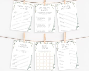 Paris Baby Shower, redigerbart Eiffeltornet-spelpaket i mintgrönt | Corjl-mallar | utskrivbart set med 5x7