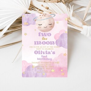 Girl's 2nd Birthday Invitation, Moon and Stars Design (Instant Download) image 1