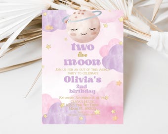 Girl's 2nd Birthday Invitation, Moon and Stars Design (Instant Download)