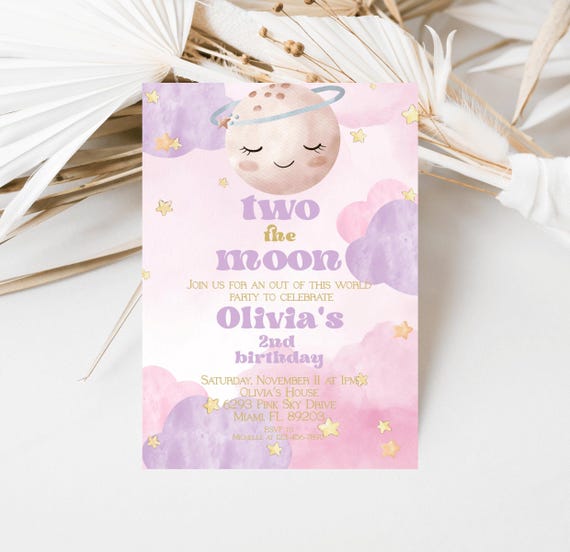 Girl's 2nd Birthday Invitation, Moon and Stars Design (Instant Download)