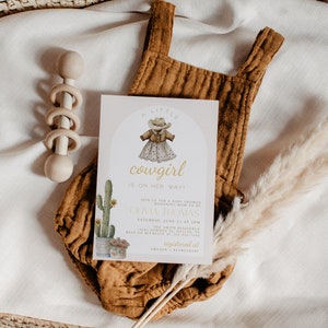 Zaproszenie na Baby Shower Little Cowgirl, Zaproszenie na Baby Shower Country Western, Buty kowbojskie Cactus, Zaproszenie na Baby Shower Boho, CLP77