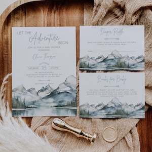 Bearbeitbar Let the Adventure Begin Babyparty-Einladungsset, Woodland Baby Shower Invite Pack, Forest Mountain Gender Neutral-Vorlage, BBS7