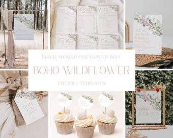 Boho Wildflower Bridal Shower Invitation Bundle, Floral Spring Bridal Shower Invite Set, Editable Floral Bridal Shower Invitation, CLP61