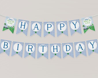 Editable Golf Birthday Banner, Preppy Plaid Party Decor (Instant Download) BB3
