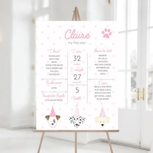 Poster modificabile per la festa del primo compleanno di una cagnolina rosa, decorazione per cuccioli rosa, decorazione per il primo compleanno, ragazza, download immediato, CLP5