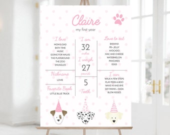Puede incluir: Un póster de hitos para bebés rosa y blanco con una huella de pata y una ilustración de perro. El póster incluye el nombre Claire y detalles sobre el primer año del bebé, incluyendo la altura, el peso, los alimentos favoritos y las actividades.