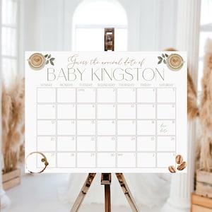 May include: A white printable baby shower game with a calendar for guests to guess the baby's arrival date. The calendar is decorated with coffee cups and coffee beans. The text reads "Guess the arrival date of Baby Kingston".