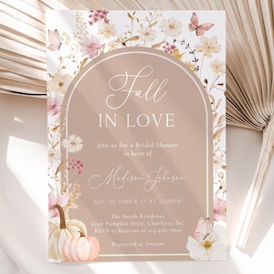 Fall In Love Bridal Shower Invitation, Wildflower Pumpkin Wedding Shower Invite, Editable Autumn Floral Bridal Shower Invite, BDS55
