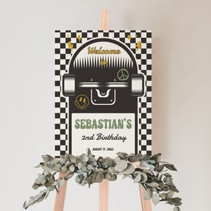Retro Skateboard Birthday Party Welcome Sign, Preppy Boy Skateboard Party Decoration, Retro Checker Poster, CLP136