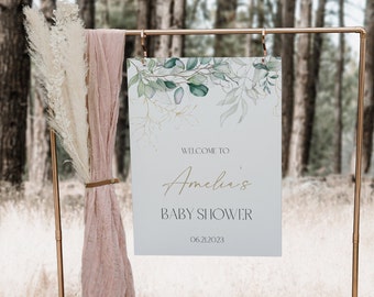 Greenery + Gold Welcome Sign Template, Gender Neutral Baby Shower Decor, Co-Ed Baby Shower, Green Bridal Shower, Eucalyptus, CLP62