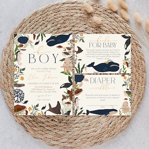 Under the Sea Baby Shower Invitation Bundle, Whale Baby Shower, Boy Sea Baby Shower Invite, Oh Boy, Instant Download, Editable
