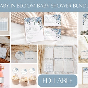 K&ouml;nnte beinhalten: Ein blaues und wei&szlig;es Babyparty-Paket mit floralem Thema. Das Paket beinhaltet ein Willkommens-Schild, Einladungen, Lebensmitteletiketten, eine Windel-Tombola, ein Babyparty-Spiel, ein Dankesch&ouml;n-Etikett, Cupcake-Topper und ein leeres Schild. Der Text auf dem Schild lautet "Willkommen zur Babyparty von Madison".