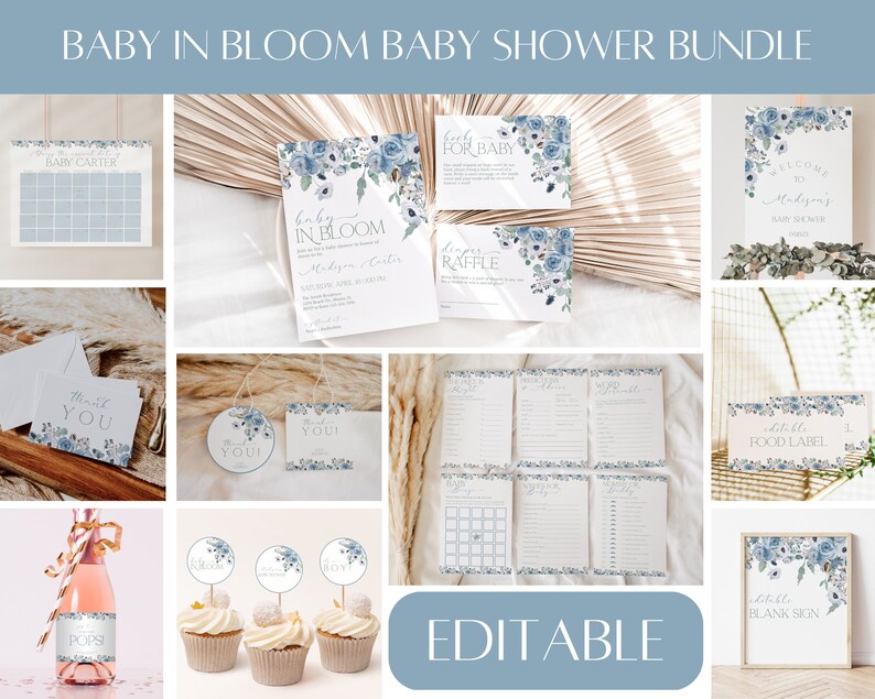 K&ouml;nnte beinhalten: Ein blaues und wei&szlig;es Babyparty-Paket mit floralem Thema. Das Paket beinhaltet ein Willkommens-Schild, Einladungen, Lebensmitteletiketten, eine Windel-Tombola, ein Babyparty-Spiel, ein Dankesch&ouml;n-Etikett, Cupcake-Topper und ein leeres Schild. Der Text auf dem Schild lautet "Willkommen zur Babyparty von Madison".