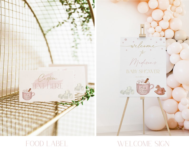 May include: A pink and gold welcome sign for a baby shower with the text "Welcome to Madison's Baby Shower". The sign features a watercolor illustration of a mug of hot chocolate with marshmallows and a rocking horse.