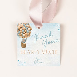 Editable Teddy Bear Hot Air Balloon Favor Tag, Boy Bear Baby Shower Thank You Tag, We Can Bearly Wait Theme, Instant Download, CLP14