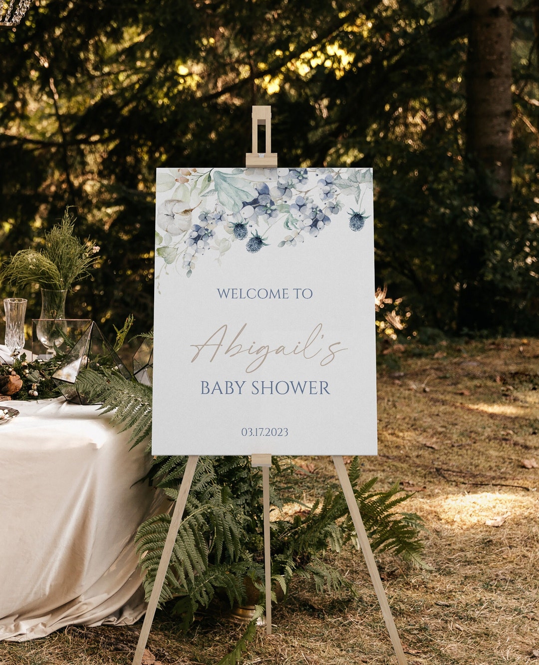 Editable Floral Boy Baby Shower Welcome Sign, Slate Blue Floral Baby ...