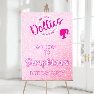 Editable Pink Glitter Doll Birthday Party Welcome Sign, Girl Birthday Party Welcome Poster, Hot Pink Glitter Party, Instant Download