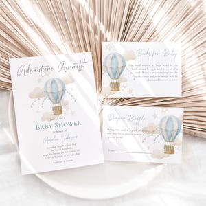 Bearbeitbares Abenteuer erwartet Babyparty-Einladungspaket, blaues Heißluftballon-Babyparty-Einladungsset, Jungen-Babyparty-Einladung, BBS166
