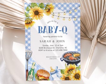 Bewerkbare Baby-Q babyshower uitnodiging, uniseks achtertuin paren baby strooi, BBQ-feestuitnodiging sjabloon, geruite blauwe digitale uitnodiging, BBS176